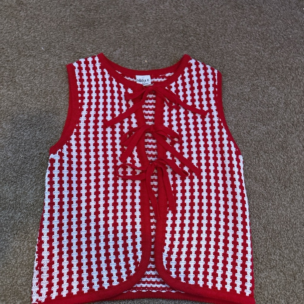 Red and White Cardigan with Lace-Up Detail